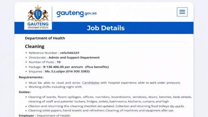 Hospital cleaner disinfecting floors and surfaces in a public healthcare facility in South Africa